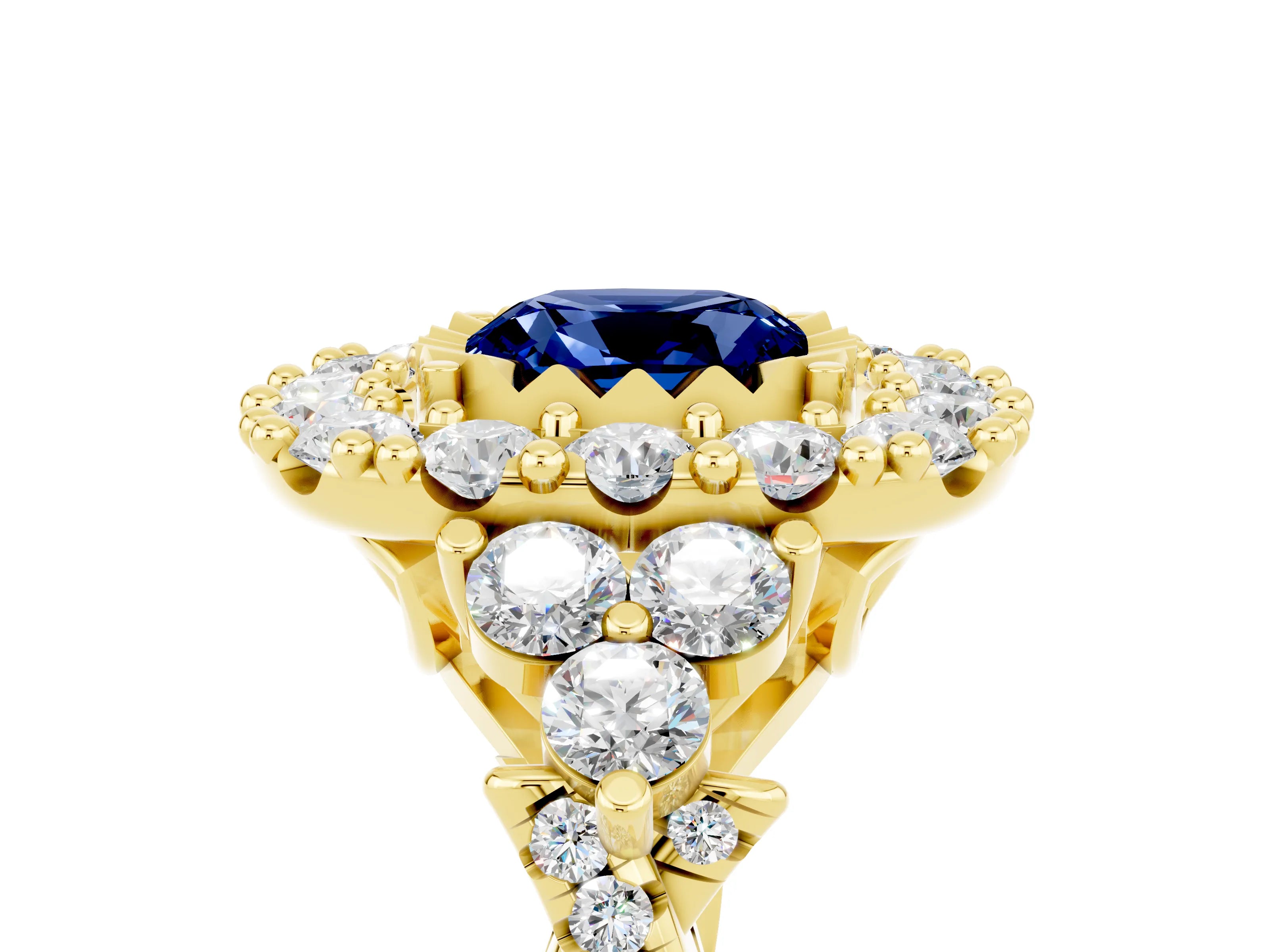 Yellow gold Cushion Cut Blue Sapphire Halo Ring with Pavé Band and Four-Prong Setting_17