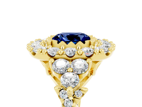 Yellow gold Cushion Cut Blue Sapphire Halo Ring with Pavé Band and Four-Prong Setting_17