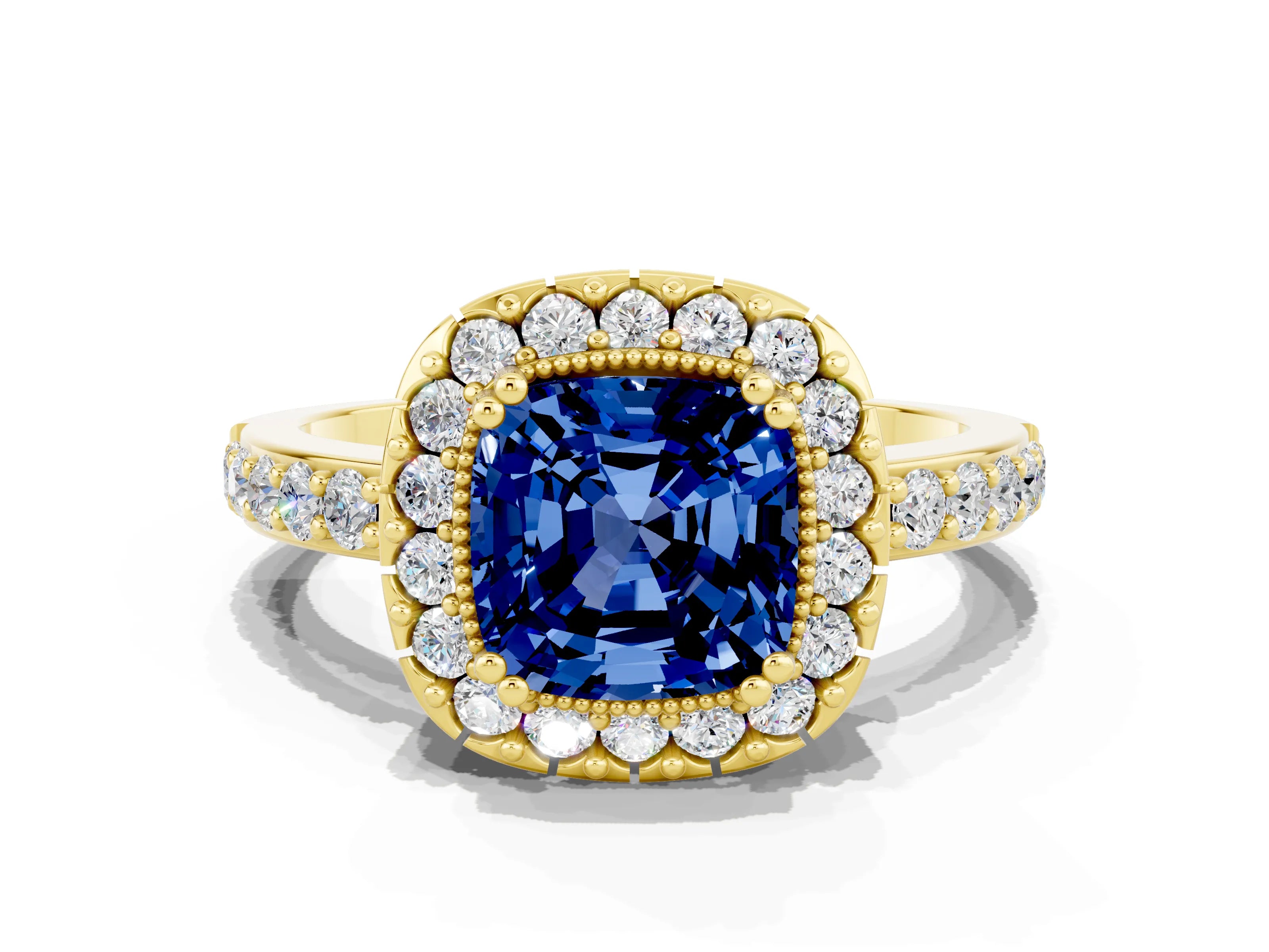 Yellow gold Cushion Cut Blue Sapphire Halo Ring with Pavé Band and Prong Setting