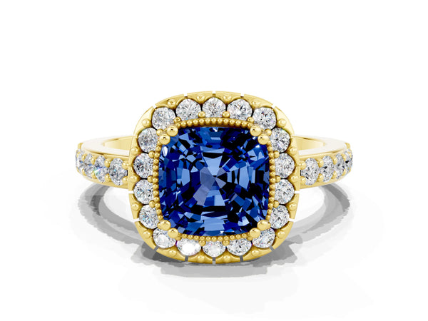 Yellow gold Cushion Cut Blue Sapphire Halo Ring with Pavé Band and Prong Setting