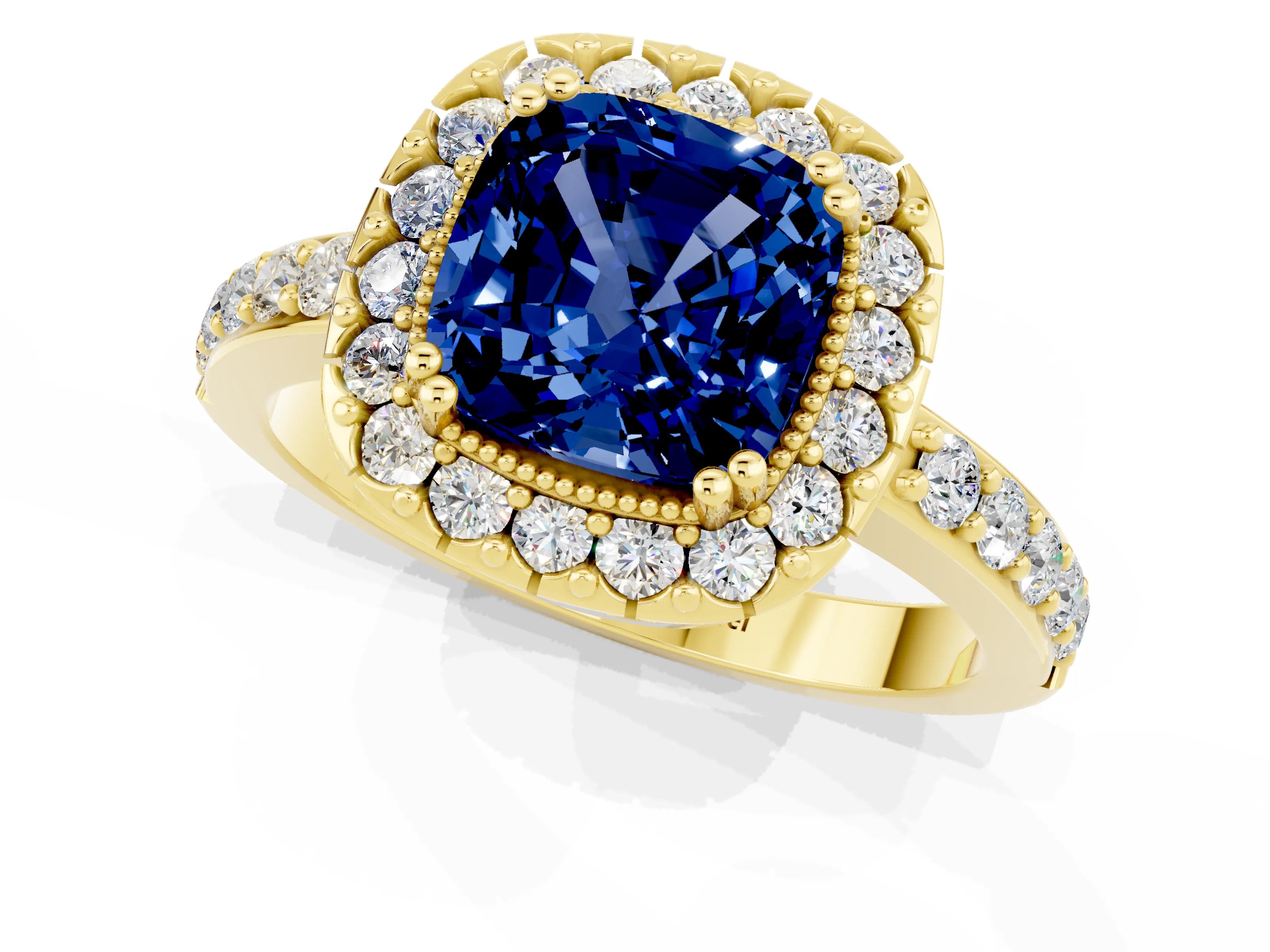 Yellow gold Cushion Cut Blue Sapphire Halo Ring with Pavé Band and Prong Setting_1