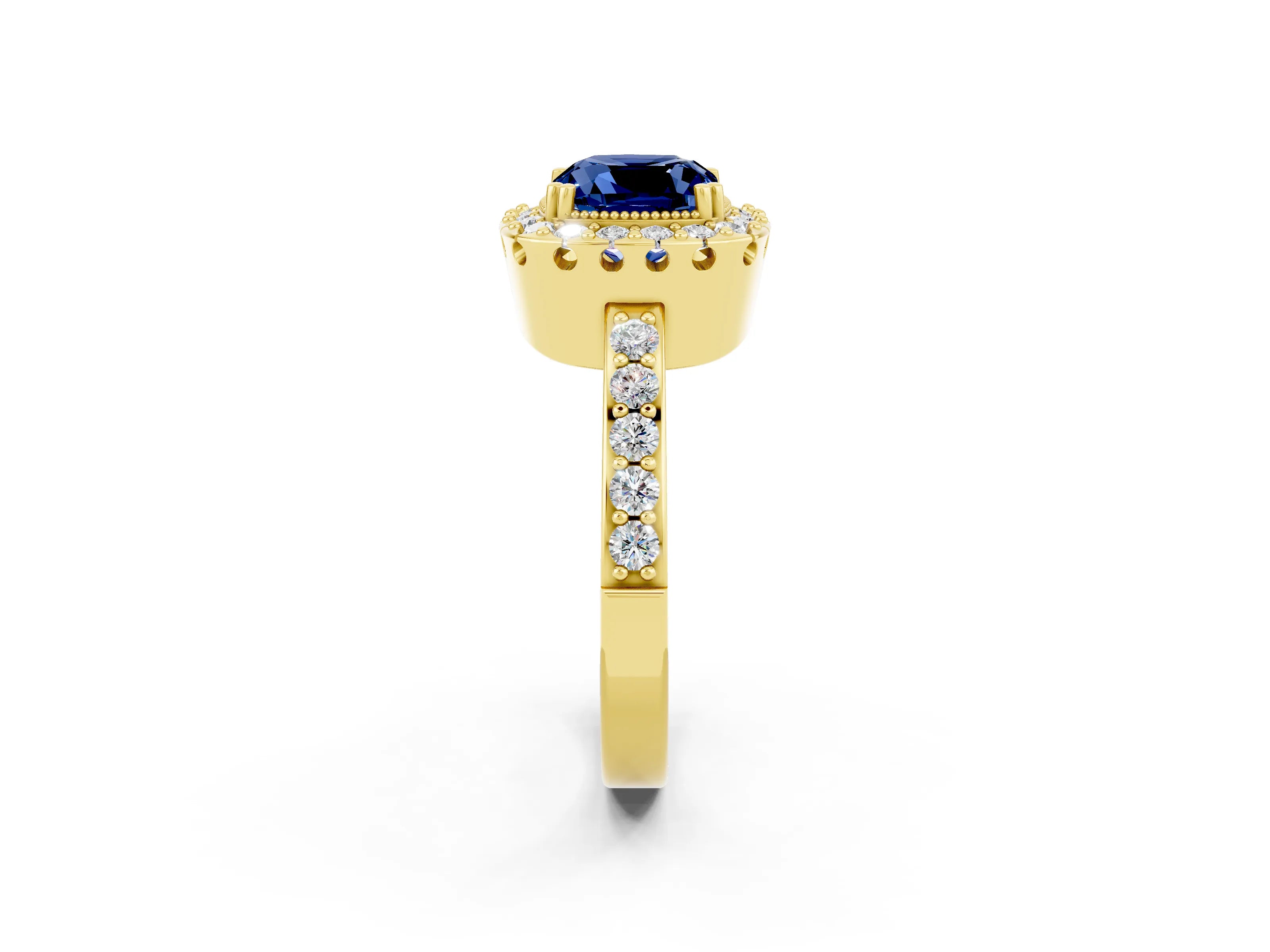 Yellow gold Cushion Cut Blue Sapphire Halo Ring with Pavé Band and Prong Setting_2