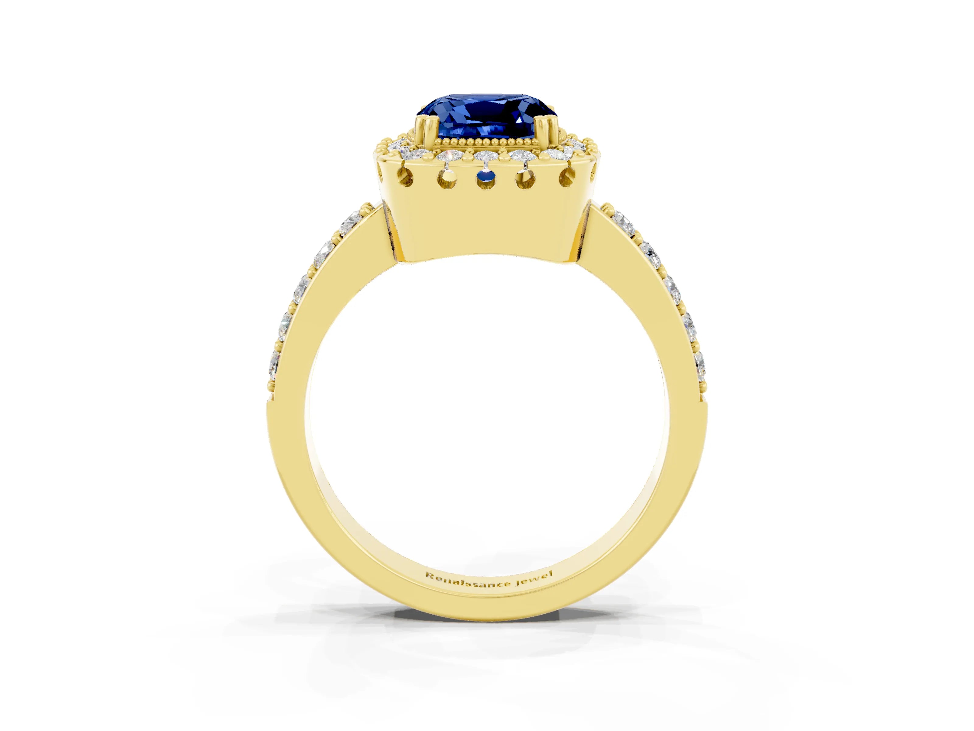 Yellow gold Cushion Cut Blue Sapphire Halo Ring with Pavé Band and Prong Setting_3