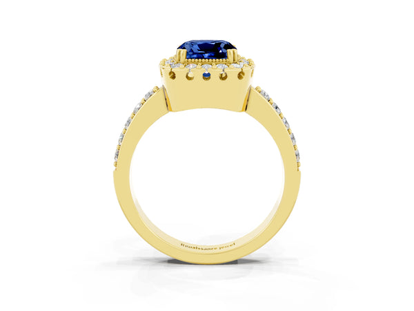 Yellow gold Cushion Cut Blue Sapphire Halo Ring with Pavé Band and Prong Setting