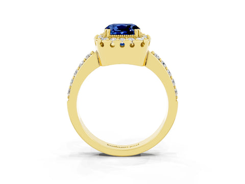 Yellow gold Cushion Cut Blue Sapphire Halo Ring with Pavé Band and Prong Setting_3