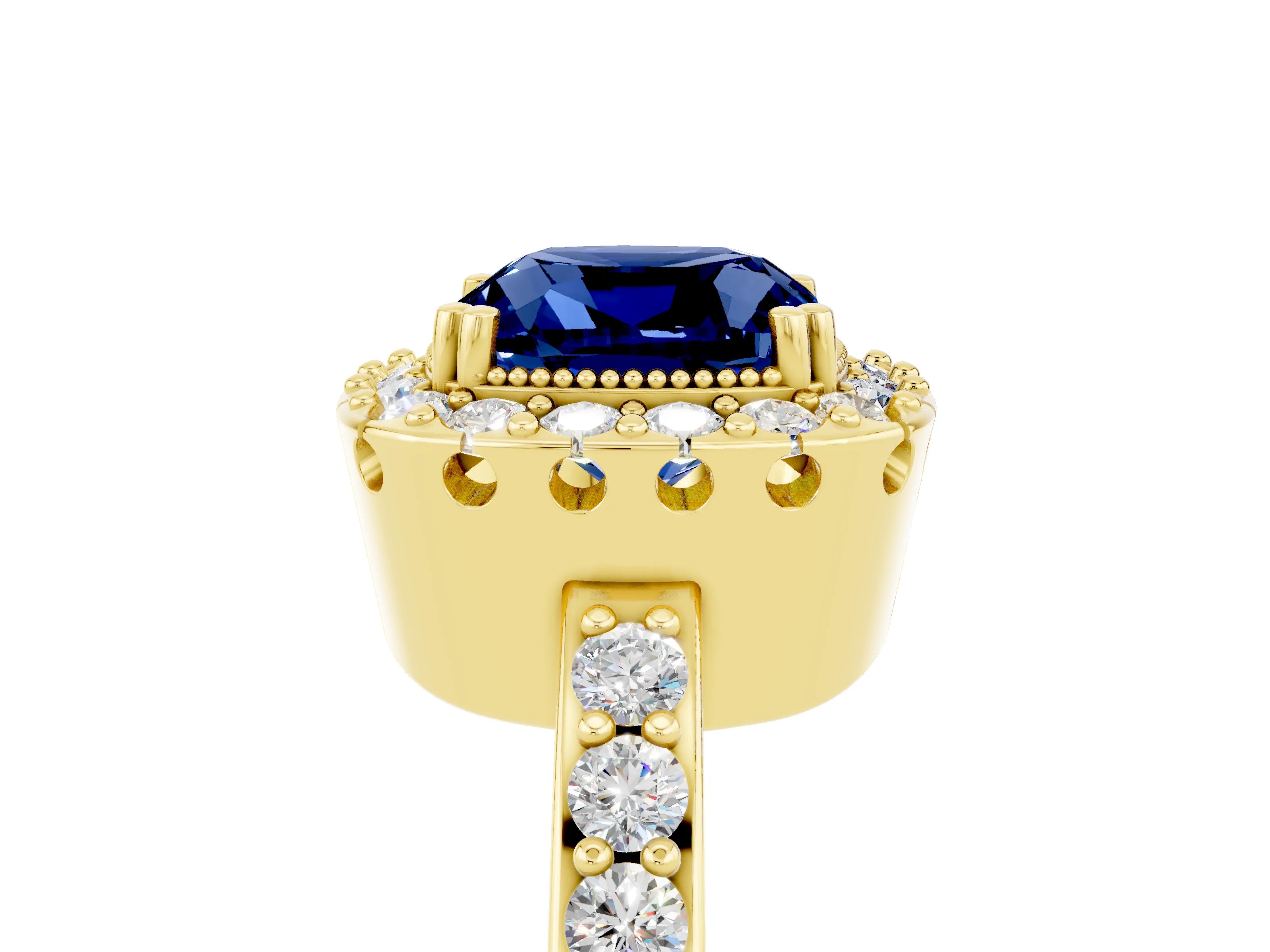 Yellow gold Cushion Cut Blue Sapphire Halo Ring with Pavé Band and Prong Setting_5