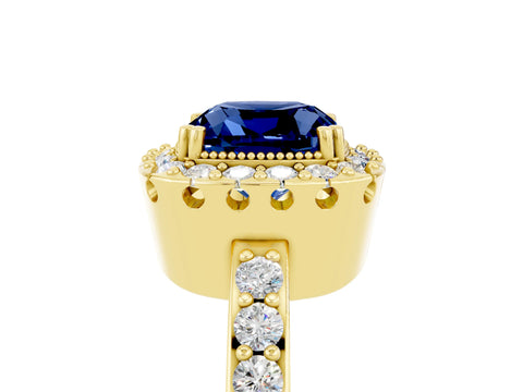 Yellow gold Cushion Cut Blue Sapphire Halo Ring with Pavé Band and Prong Setting_5