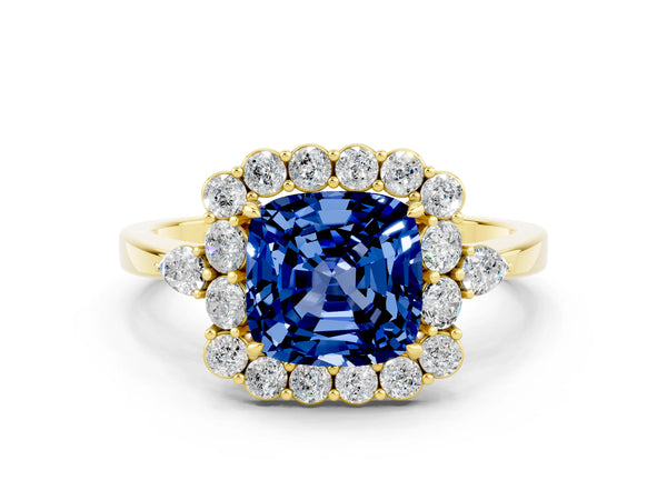 Yellow gold Cushion Cut Blue Sapphire Halo Ring with Pear Side Stones and Prong Setting
