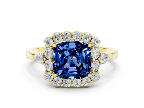 Yellow gold Cushion Cut Blue Sapphire Halo Ring with Pear Side Stones and Prong Setting_12