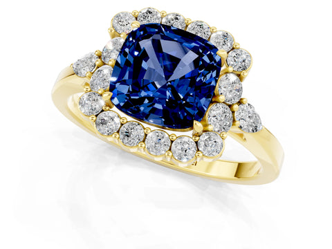 Yellow gold Cushion Cut Blue Sapphire Halo Ring with Pear Side Stones and Prong Setting_13
