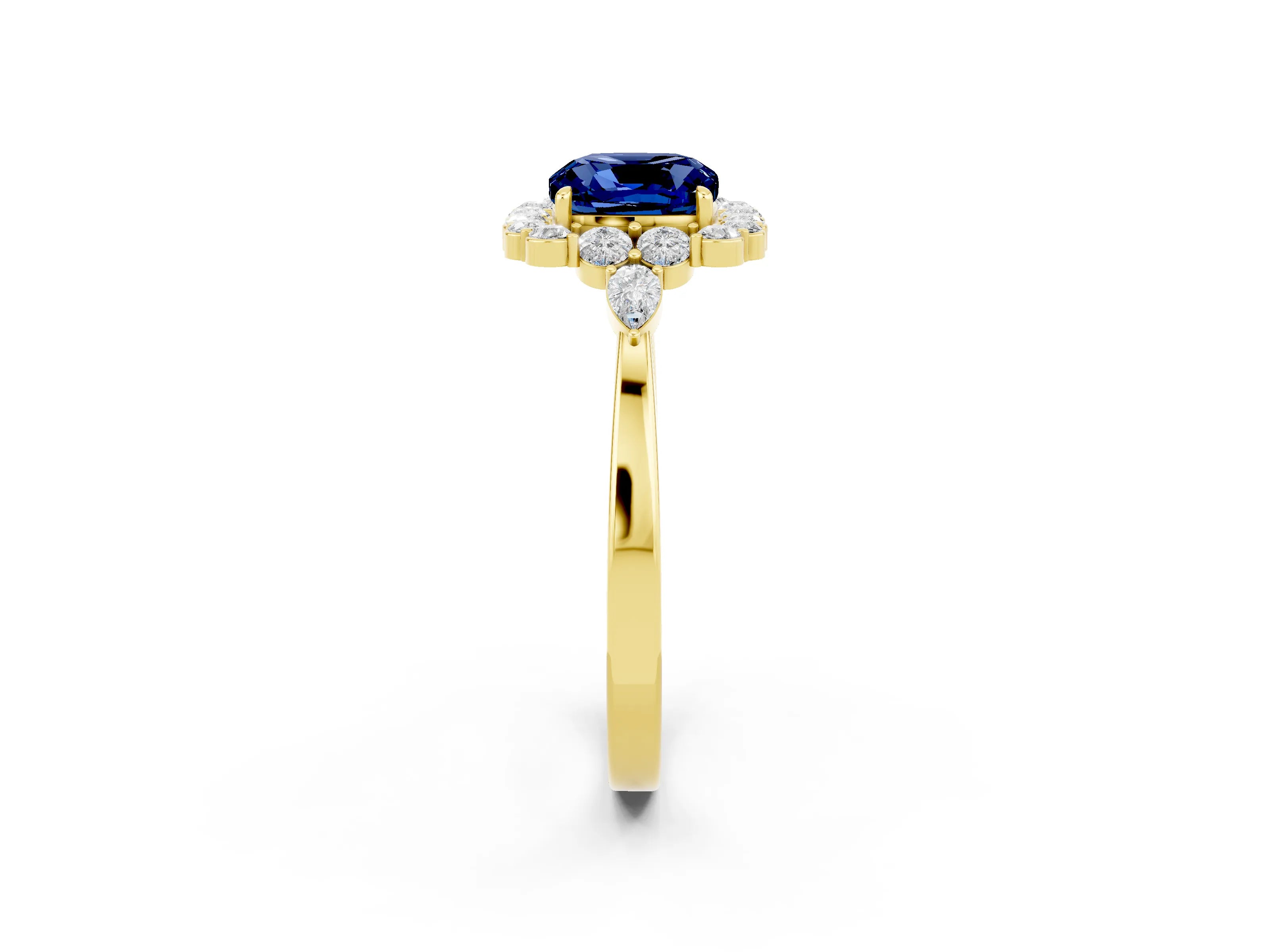 Yellow gold Cushion Cut Blue Sapphire Halo Ring with Pear Side Stones and Prong Setting_14