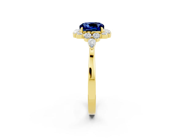 Yellow gold Cushion Cut Blue Sapphire Halo Ring with Pear Side Stones and Prong Setting