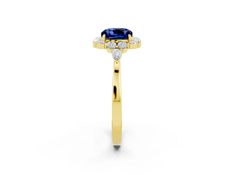 Yellow gold Cushion Cut Blue Sapphire Halo Ring with Pear Side Stones and Prong Setting_14
