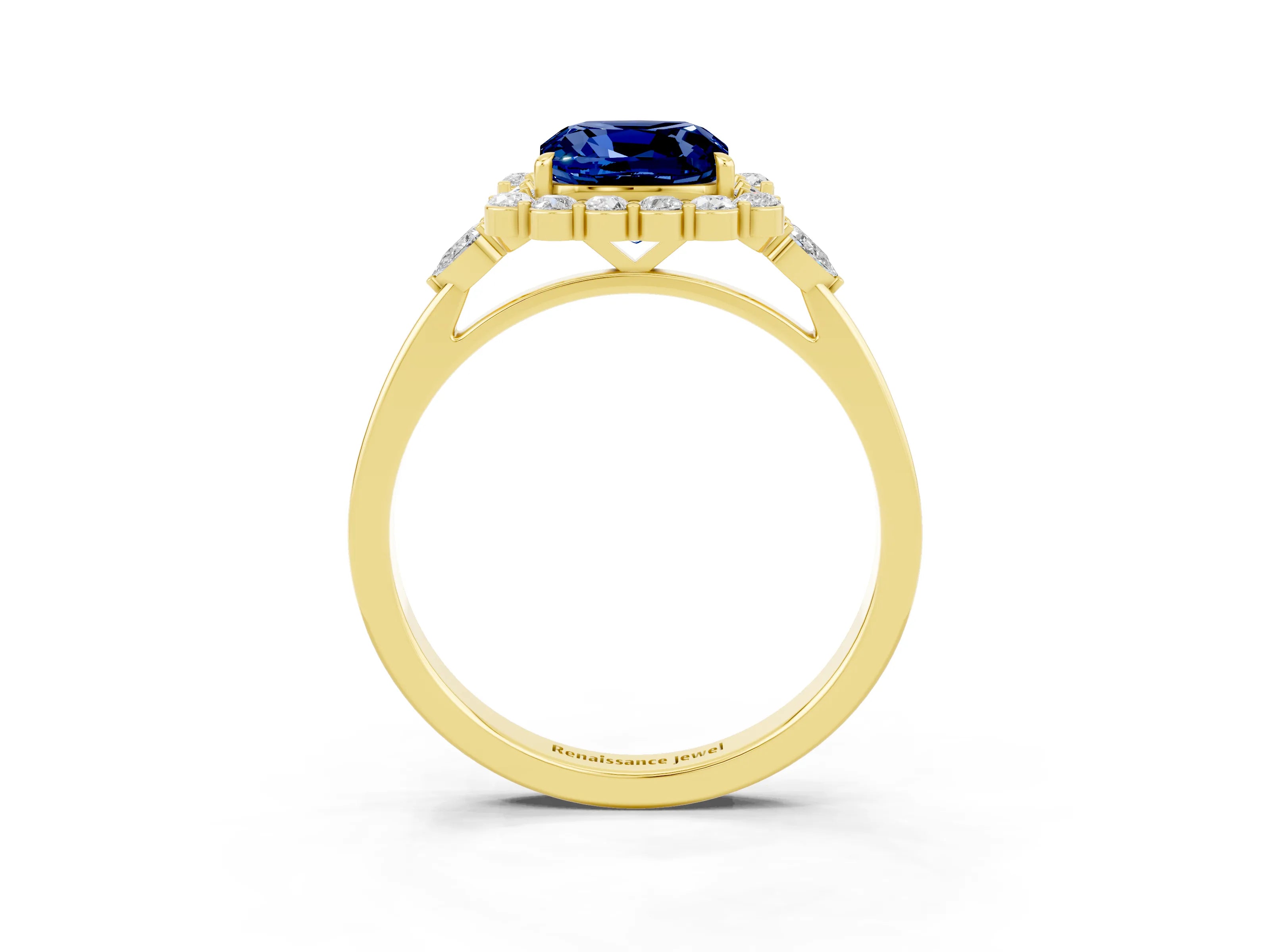 Yellow gold Cushion Cut Blue Sapphire Halo Ring with Pear Side Stones and Prong Setting_15