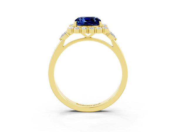 Yellow gold Cushion Cut Blue Sapphire Halo Ring with Pear Side Stones and Prong Setting