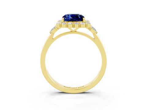 Yellow gold Cushion Cut Blue Sapphire Halo Ring with Pear Side Stones and Prong Setting_15