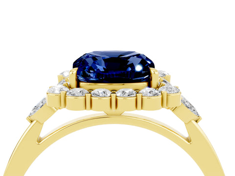 Yellow gold Cushion Cut Blue Sapphire Halo Ring with Pear Side Stones and Prong Setting_16