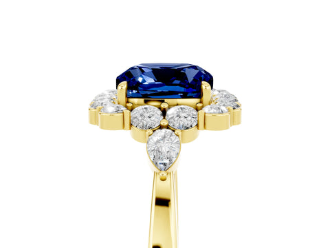 Yellow gold Cushion Cut Blue Sapphire Halo Ring with Pear Side Stones and Prong Setting_17