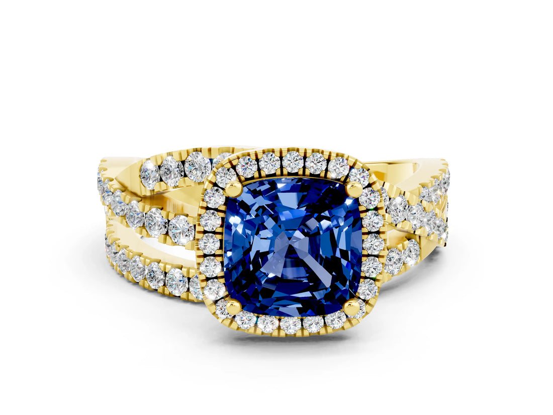 Yellow gold Cushion Cut Blue Sapphire Halo Ring with Round Split Shank and Prong Setting_48