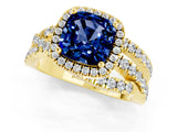 Yellow gold Cushion Cut Blue Sapphire Halo Ring with Round Split Shank and Prong Setting_49