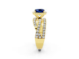 Yellow gold Cushion Cut Blue Sapphire Halo Ring with Round Split Shank and Prong Setting_50