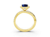 Yellow gold Cushion Cut Blue Sapphire Halo Ring with Round Split Shank and Prong Setting_51