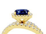 Yellow gold Cushion Cut Blue Sapphire Halo Ring with Round Split Shank and Prong Setting_52