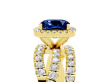 Yellow gold Cushion Cut Blue Sapphire Halo Ring with Round Split Shank and Prong Setting_53