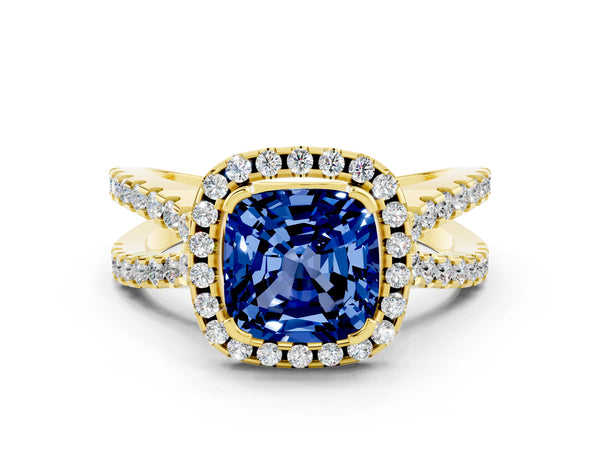 Yellow gold Cushion Cut Blue Sapphire Halo Ring with Split Shank Pavé Band and Prong Setting