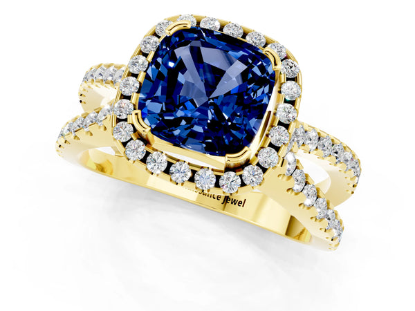 Yellow gold Cushion Cut Blue Sapphire Halo Ring with Split Shank Pavé Band and Prong Setting