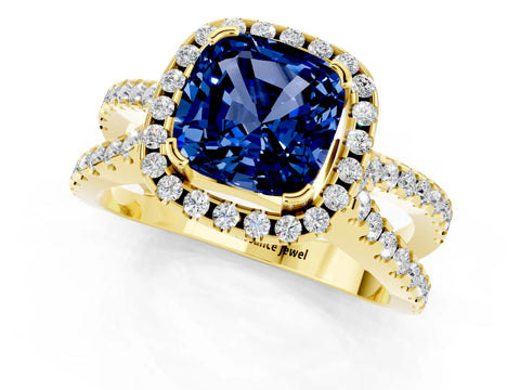 Yellow gold Cushion Cut Blue Sapphire Halo Ring with Split Shank Pavé Band and Prong Setting_1