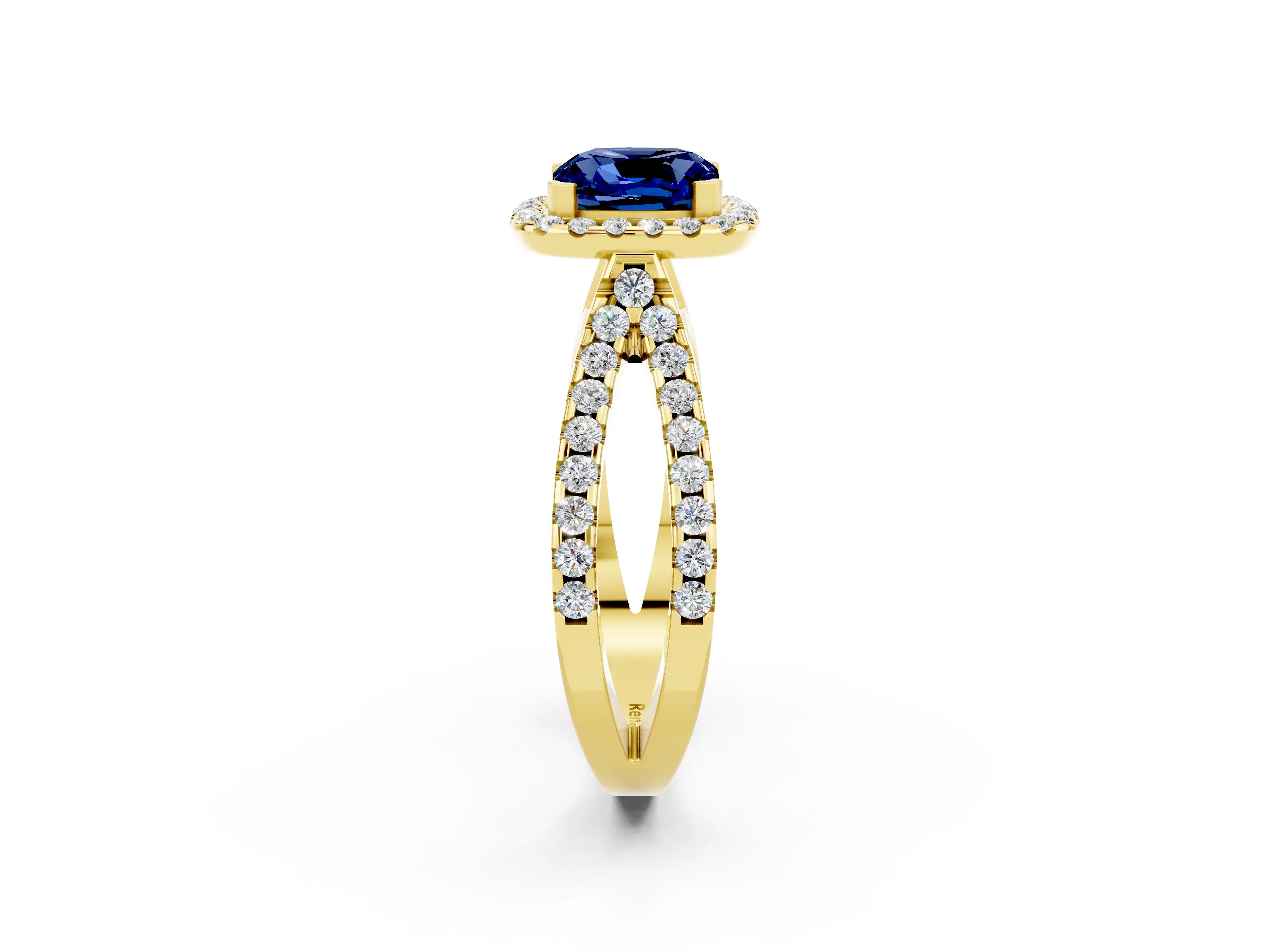 Yellow gold Cushion Cut Blue Sapphire Halo Ring with Split Shank Pavé Band and Prong Setting_2