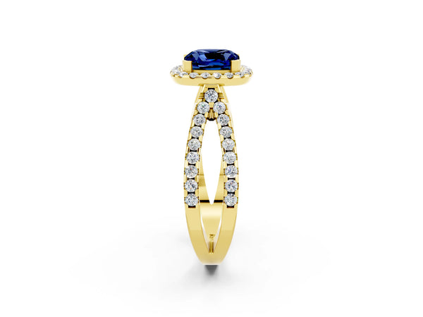 Yellow gold Cushion Cut Blue Sapphire Halo Ring with Split Shank Pavé Band and Prong Setting
