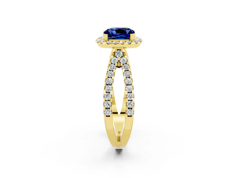 Yellow gold Cushion Cut Blue Sapphire Halo Ring with Split Shank Pavé Band and Prong Setting_2