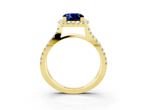Yellow gold Cushion Cut Blue Sapphire Halo Ring with Split Shank Pavé Band and Prong Setting_3