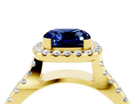 Yellow gold Cushion Cut Blue Sapphire Halo Ring with Split Shank Pavé Band and Prong Setting_4