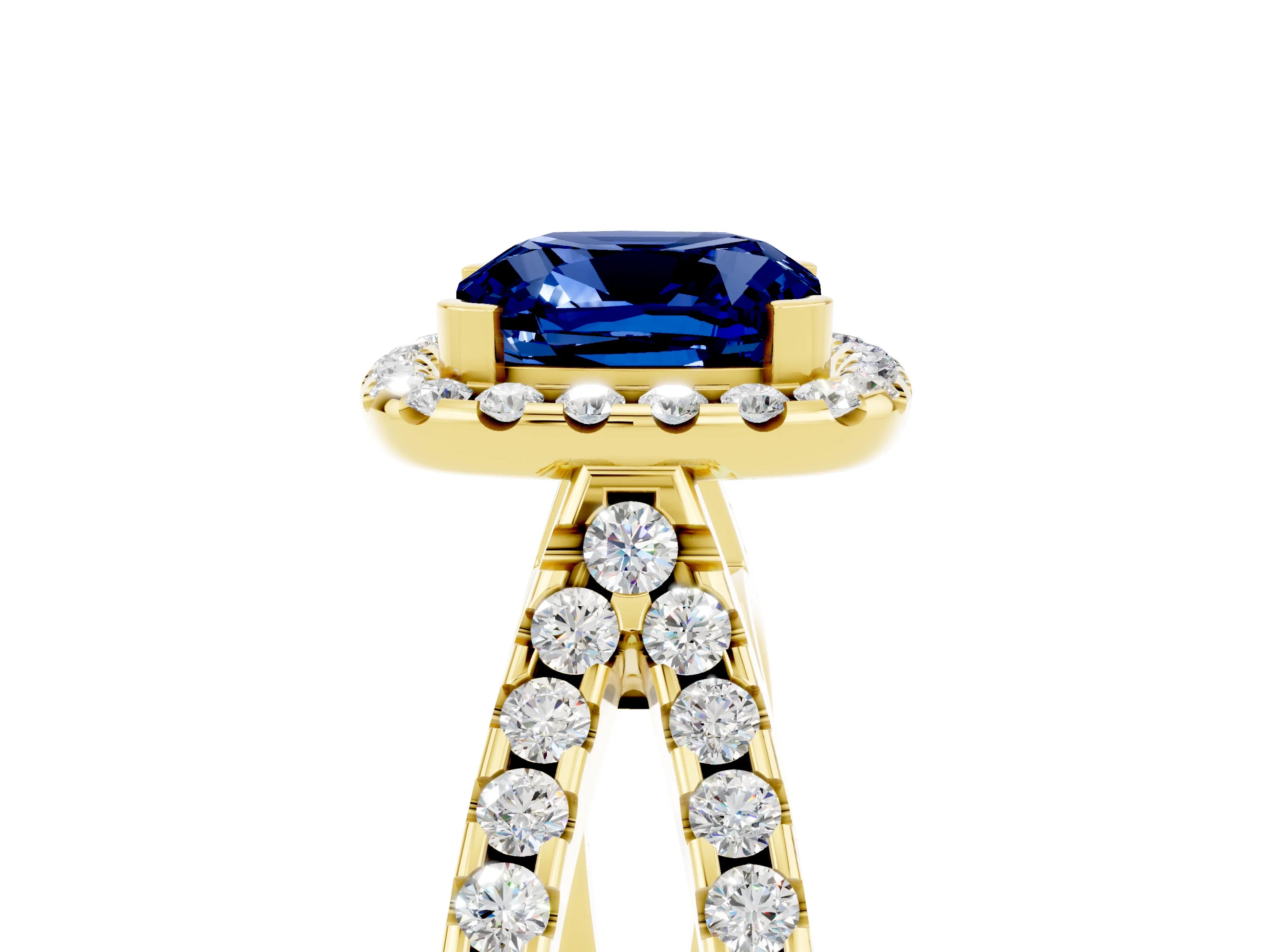 Yellow gold Cushion Cut Blue Sapphire Halo Ring with Split Shank Pavé Band and Prong Setting_5
