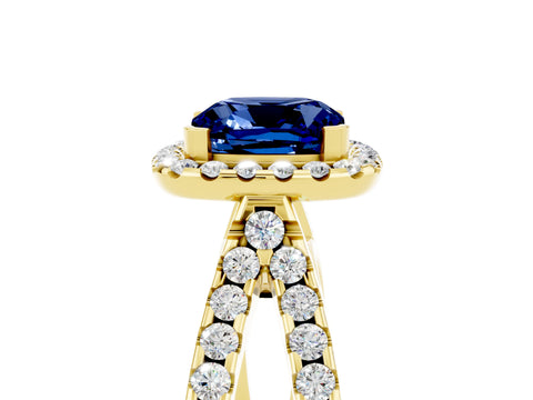 Yellow gold Cushion Cut Blue Sapphire Halo Ring with Split Shank Pavé Band and Prong Setting_5