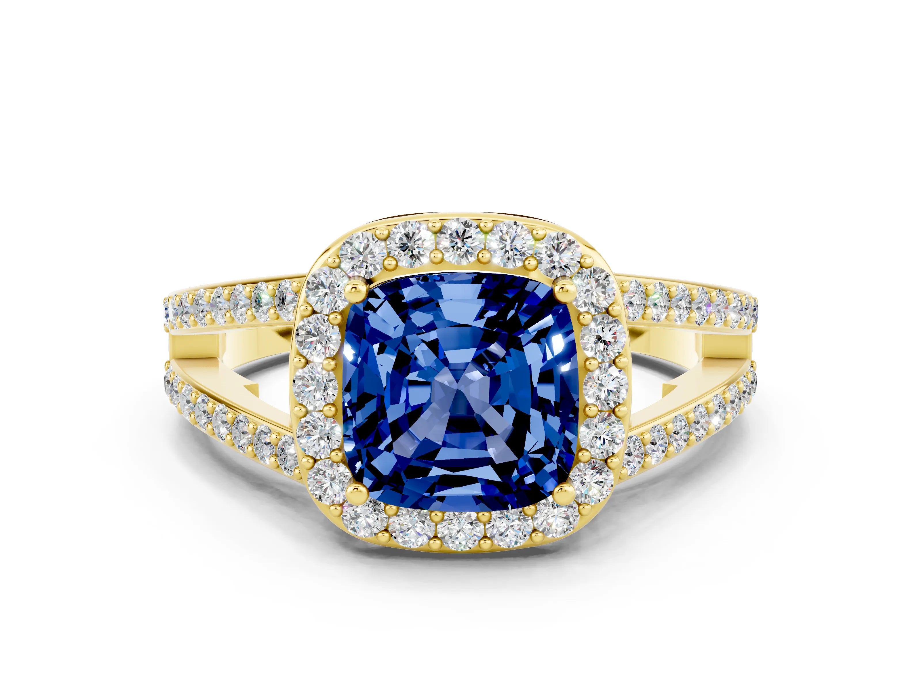 Yellow gold Cushion Cut Blue Sapphire Halo Ring with Split Shank U-Prong Band and Four-Prong Setting