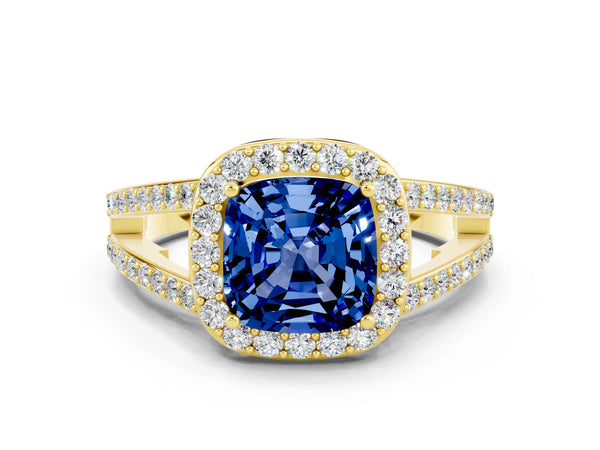 Yellow gold Cushion Cut Blue Sapphire Halo Ring with Split Shank U-Prong Band and Four-Prong Setting