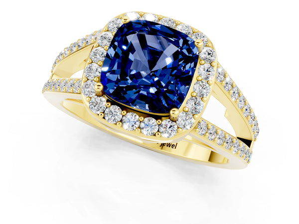 Yellow gold Cushion Cut Blue Sapphire Halo Ring with Split Shank U-Prong Band and Four-Prong Setting