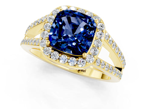 Yellow gold Cushion Cut Blue Sapphire Halo Ring with Split Shank U-Prong Band and Four-Prong Setting_1