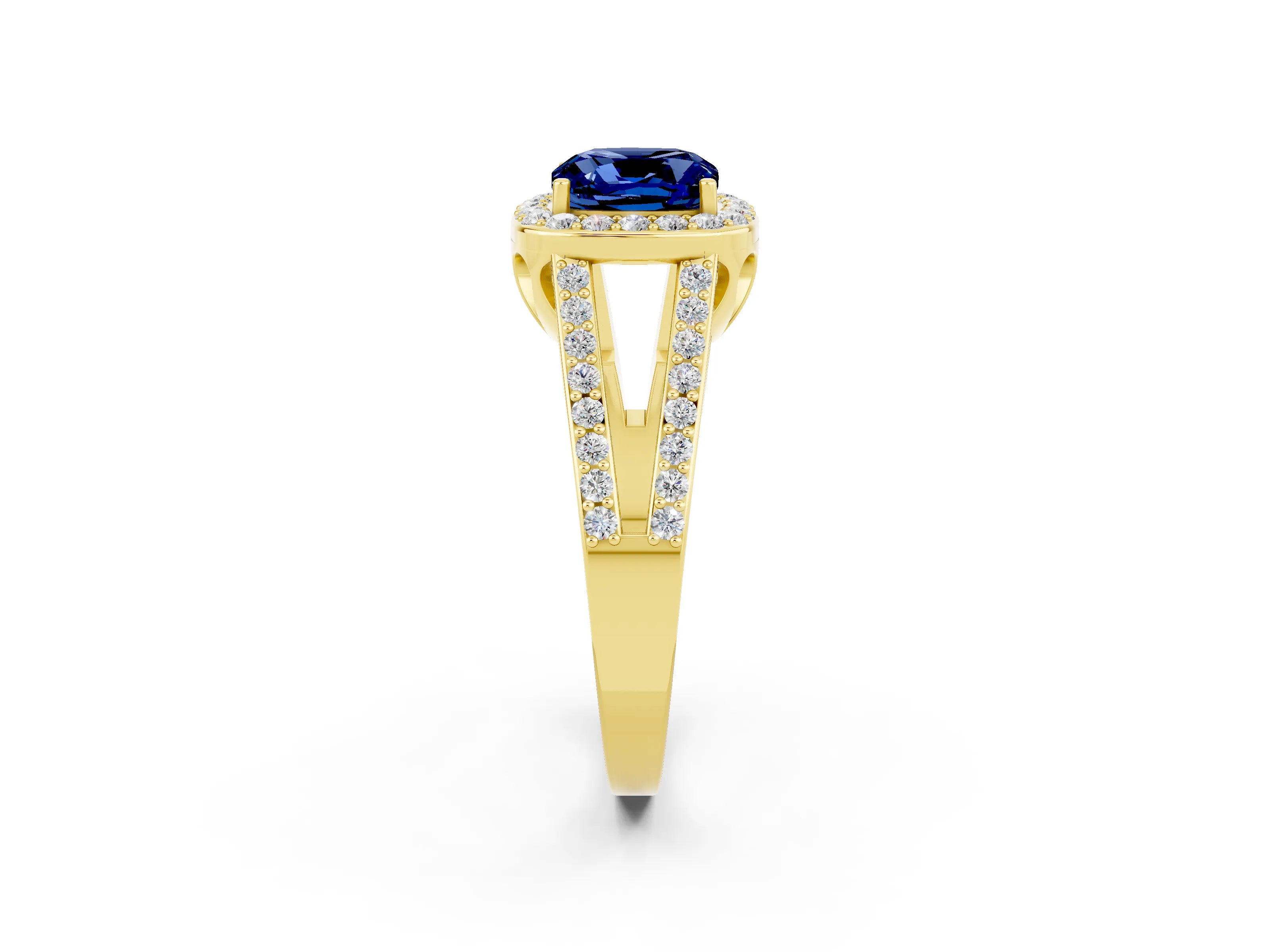 Yellow gold Cushion Cut Blue Sapphire Halo Ring with Split Shank U-Prong Band and Four-Prong Setting_2