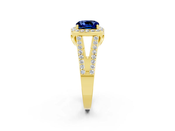 Yellow gold Cushion Cut Blue Sapphire Halo Ring with Split Shank U-Prong Band and Four-Prong Setting