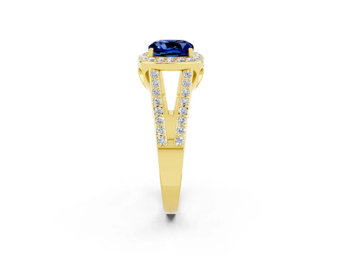 Yellow gold Cushion Cut Blue Sapphire Halo Ring with Split Shank U-Prong Band and Four-Prong Setting_2