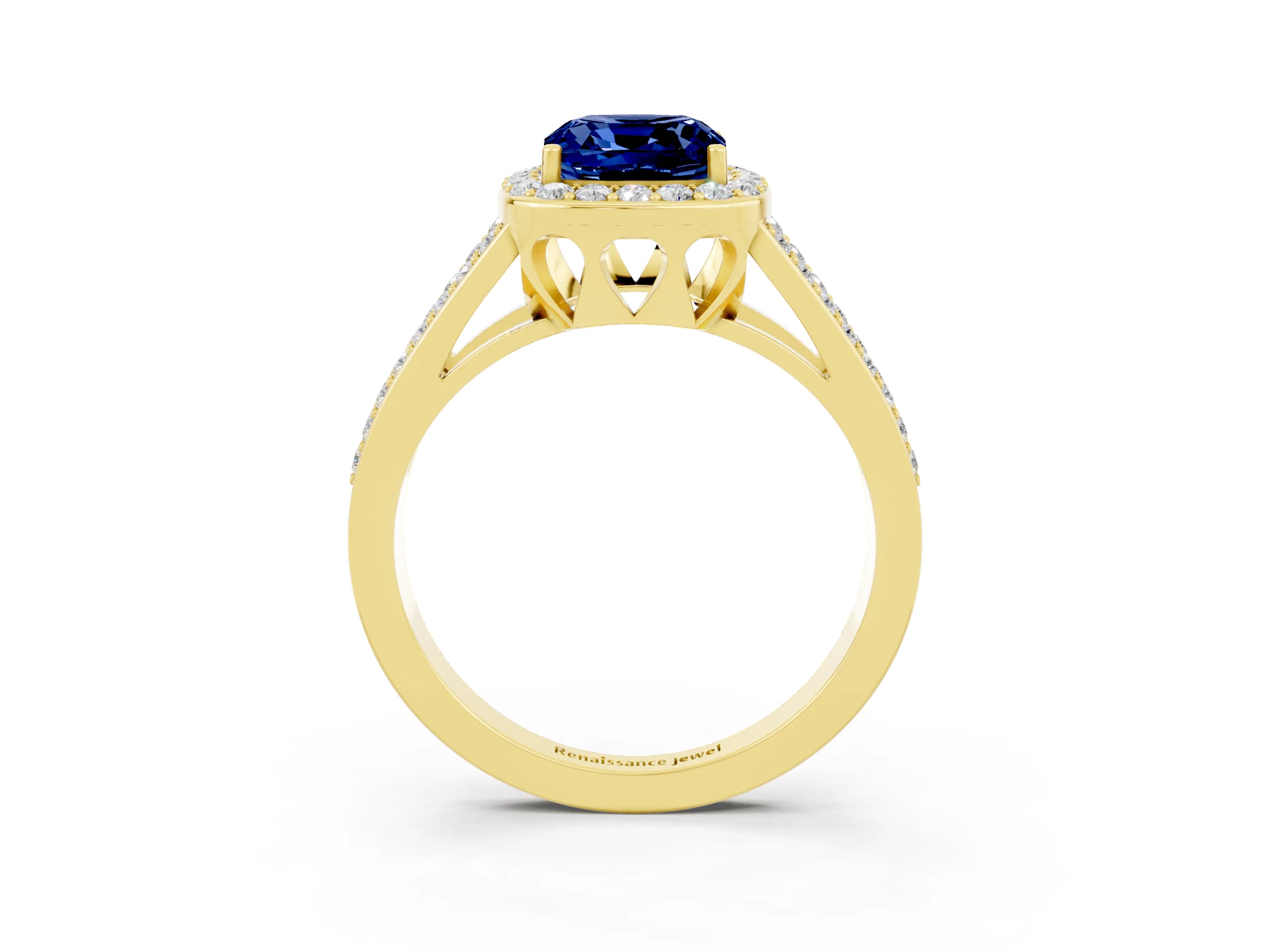 Yellow gold Cushion Cut Blue Sapphire Halo Ring with Split Shank U-Prong Band and Four-Prong Setting_3