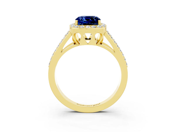Yellow gold Cushion Cut Blue Sapphire Halo Ring with Split Shank U-Prong Band and Four-Prong Setting