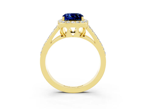 Yellow gold Cushion Cut Blue Sapphire Halo Ring with Split Shank U-Prong Band and Four-Prong Setting_3