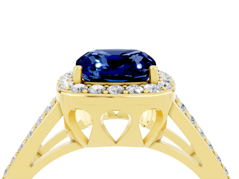 Yellow gold Cushion Cut Blue Sapphire Halo Ring with Split Shank U-Prong Band and Four-Prong Setting_4