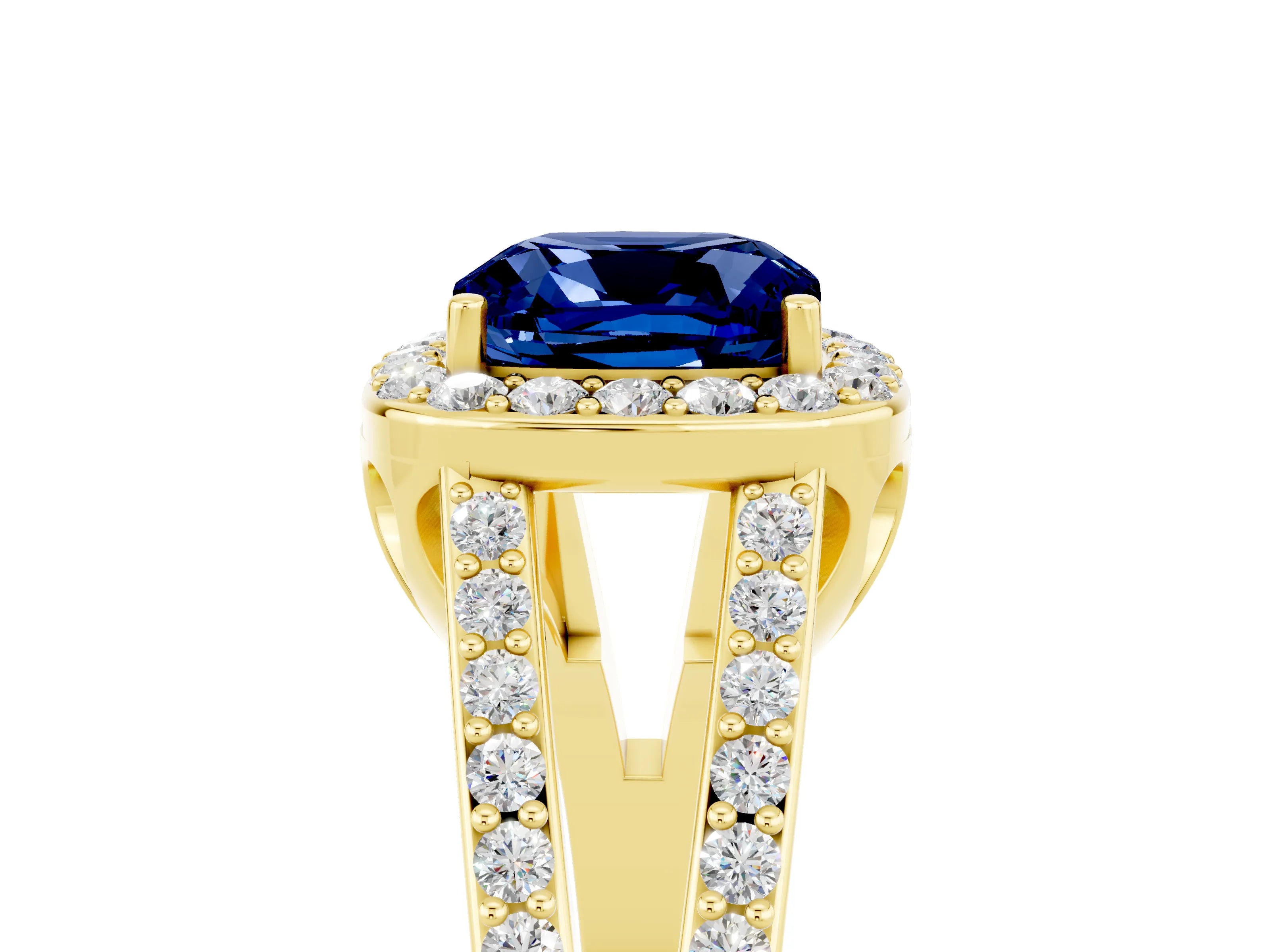 Yellow gold Cushion Cut Blue Sapphire Halo Ring with Split Shank U-Prong Band and Four-Prong Setting_5
